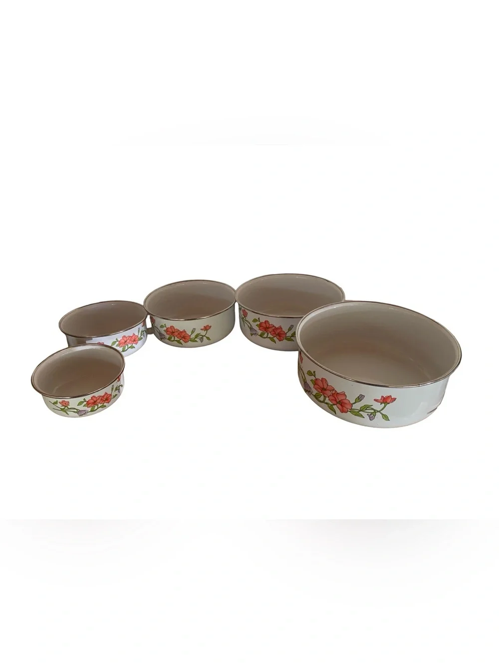 Vintage Nesting 5-piece enamel bowl set with flowers, country house kitchen